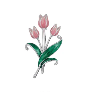 EQ Tulip Flower Pendant Brooch with Green Leaf and Crystal Accents